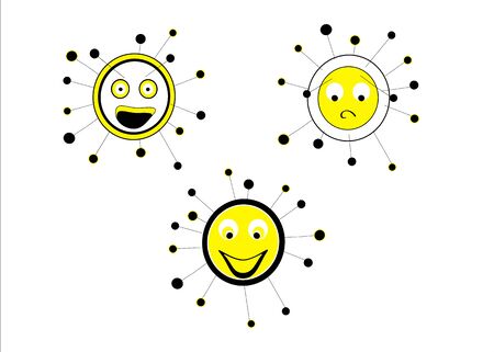 only three stylized, illustrated on a white background, a fool, a sad and one happy black and yellow colored whiteのイラスト素材