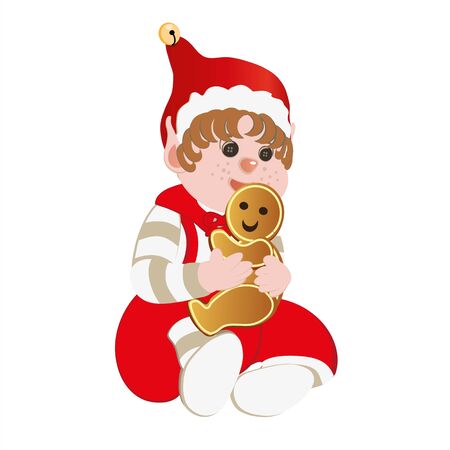Christmas elf dressed in red and white, sitting, hugging a biscuit, illustrated and isolated on white backgroundの写真素材