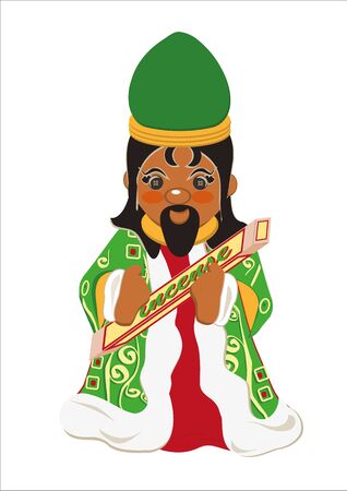 King magus, of Middle Eastern origin, dressed in green and red, brings the gift of incense, illustrated and stylized on a white backgroundの写真素材