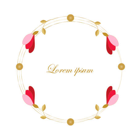 Round frame with pink flowers and gold chrysanthemumsのイラスト素材