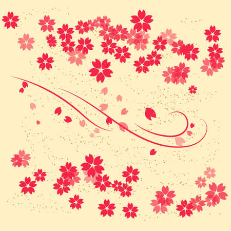Pink Sakura Flowers and Petals on the White Background with Pink Lines and Dotsのイラスト素材