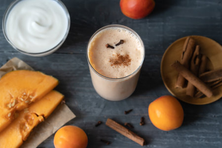 Lassi drink with ingredients on the grey backgroundの写真素材