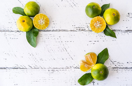 Mapo fruits on the white wooden table with copy space.の写真素材