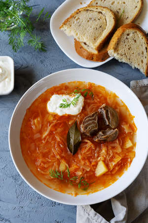 Sour cabbage soup with ingredients in a white plate on the grey backgroundの写真素材