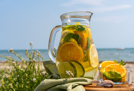 Detox infused water with lime, oranges, mint with sea coast viewの写真素材