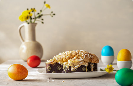 Italian Easter cake Colomba on plate with easter decoration of coloured eggs and wild flowers in vaseの写真素材