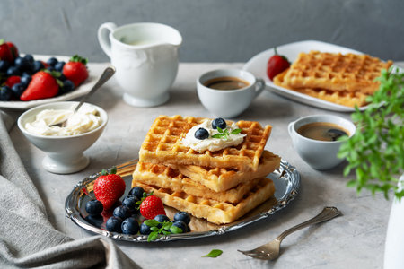 Belgian waffles with berries on white plate, blueberries, strawberries, two cups of coffee, dairy cream, strainer with sugar powder on concrete backgroundの写真素材