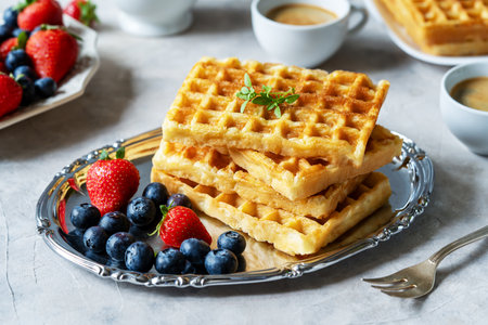 Belgian waffles with berries on silver plate, blueberries, strawberries, two cups of coffee on concrete backgroundの写真素材