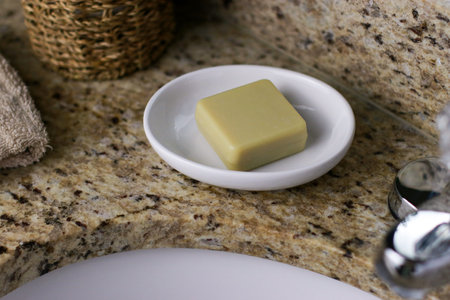 a bar of zero waste soap on white dish at bathroom sinkの写真素材