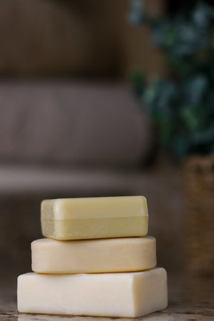 close up of handmade soap bars, blurred background with copy spaceの写真素材
