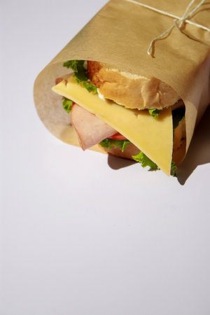 Cheese and ham sandwich wrapped in paper on white background with copy spaceの写真素材