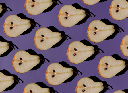 seamless pattern of fresh half of pear with shadow on purple background