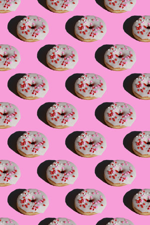 seamless pattern of donuts with sugar glaze on pink backgroundの写真素材