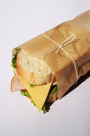 Cheese and ham sandwich wrapped in paper on white background with copy spaceの写真素材