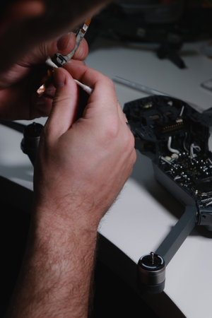 close up of mans hands repairing a drone on white table with different toolsの写真素材