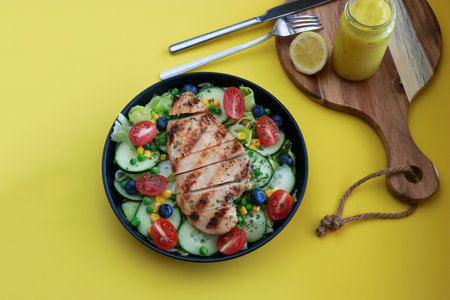 grilled chicken salad on black plate honey mustard sauce, yellow background with copy spaceの写真素材