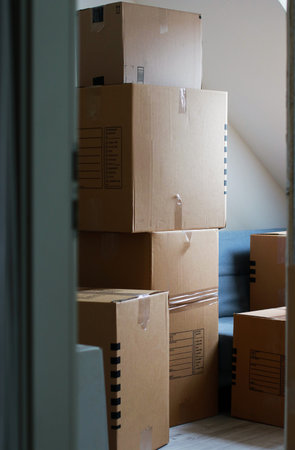 close up of moving cardboard boxes in a room