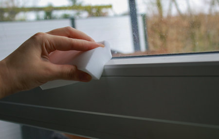close up of a womans hand cleaning a window with a white spongeの写真素材