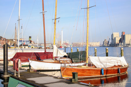 Flensburg harbor in January, a northern city in Germany.のeditorial素材