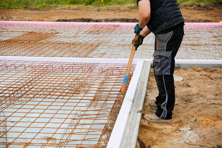 A male construction worker standing on a construction site. Family house build concept