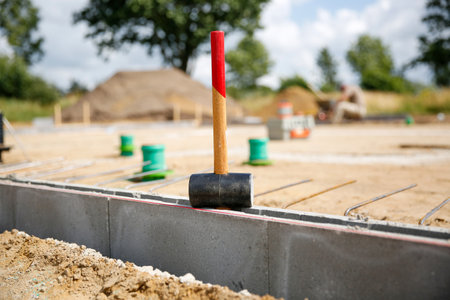 Close up of a rubber hammer standing on concrete curb stones, blurry background wit construction site workersの写真素材