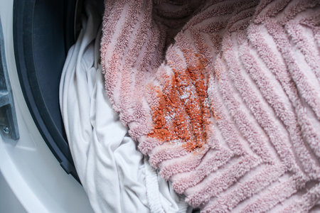 Dirty cloth with a red spot in a washing machineの写真素材