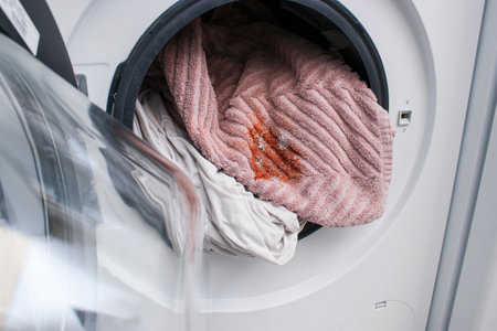 Dirty cloth with a red spot in a washing machineの写真素材