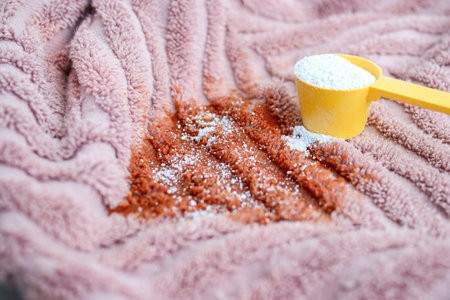 Close up of washing powder and a dirty pink towel with red stain on grey table. Cloth stain remover conceptの写真素材