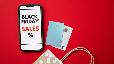 Top view of a smartphone screen displaying a Black Friday online sale on red background with credit...