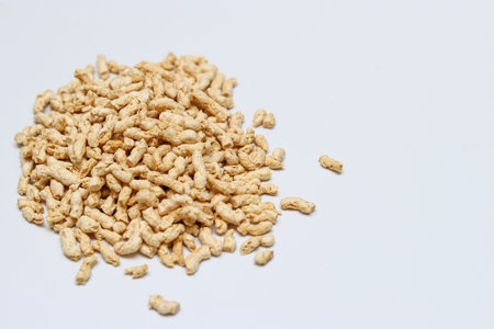 Dried soy bean meat mince pile on white background