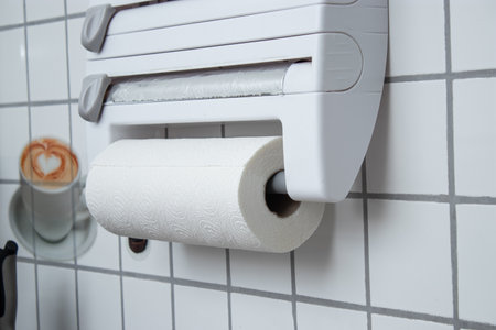 A kitchen paper towel roll hanging on the wall in the kitchenの写真素材