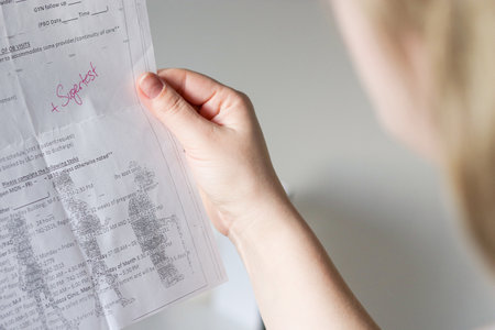 Close up of a woman holding a pregnancy check-up application document for blood sugar test