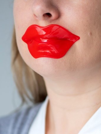 Close up of caucasian woman using a red collagen gel lip mask for dry lips.の写真素材