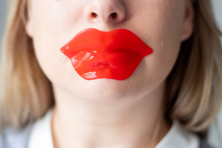 Close up of caucasian woman using a red collagen gel lip mask for dry lips.の写真素材