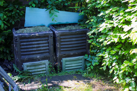 Garden waste compost bin with green mowing grass, outdoors in the gardenの写真素材