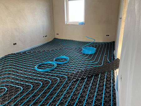 Modern under floor heating system installation in a new residential house.の写真素材