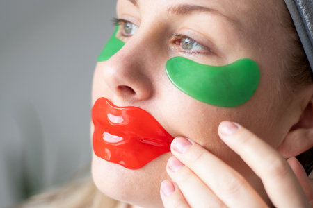 Close up of caucasian woman using a red collagen gel lip mask and green eye gel patches under her eyesの写真素材