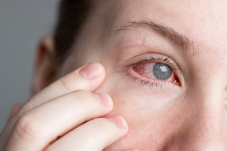 Close up of female face with one red eye suffering from infection conjunctivitisの写真素材