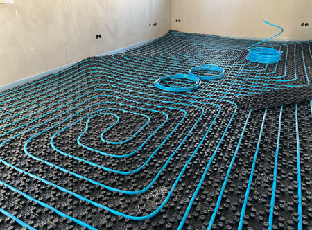 Modern under floor heating system installation in a new residential house.の写真素材