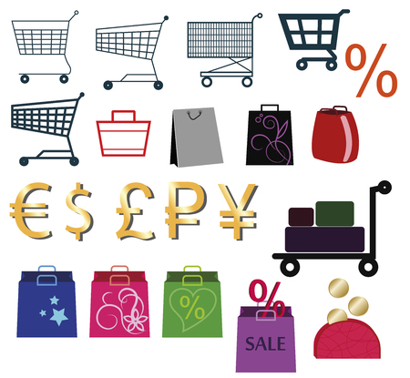 Shopping, shopping cart, bags, sale, shopping bag, money sign, coinsのイラスト素材