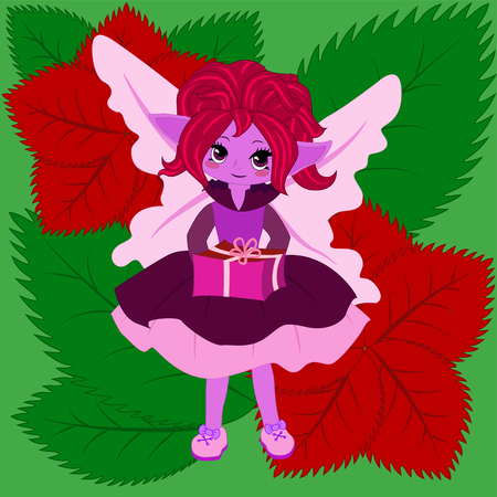 Elven girl in purple dress holding a gift, flowers in backgroundのイラスト素材