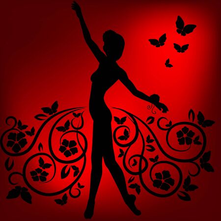 Ballerina silhouette in a skirt of flowers and butterfliesのイラスト素材