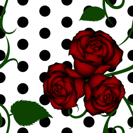 Roses seamless pattern with ornaments and circles on white backgroundのイラスト素材