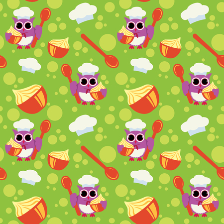 Owl cook seamless pattern for fabric, textile, cloth or wrapping paper. Colorful backdrop vector illustration on green backgroundのイラスト素材