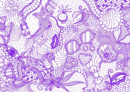 Hand drawn doodle backdrop pattern with numerous different women things. Purple tracery on white background, vector illustrationのイラスト素材
