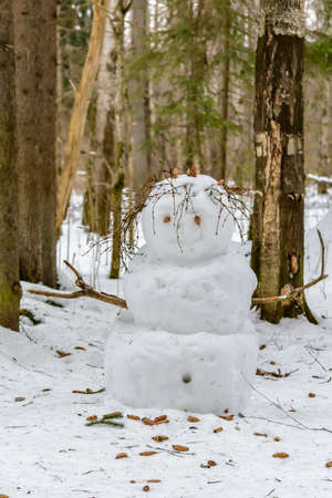 The figure of a snowman stands in a clearing in the forest