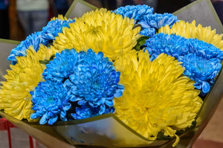 A lush bouquet of colorful chrysanthemums on the tableの写真素材