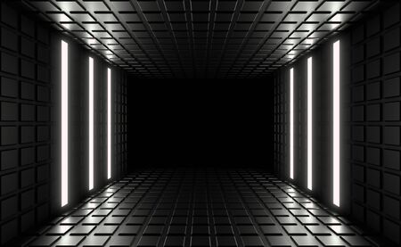White neon lamps in a dark tunnel. Reflections on the walls. 3d rendering image.の写真素材