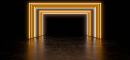 Dark studio with bright white neon lights. Empty black space for text. Blurry reflections on the floor. Abstract black background. 3D rendering image.の写真素材