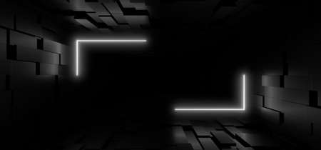 A dark corridor lit by white neon lights. Reflections on the floor and walls. Empty background in the center. 3d rendering image.の写真素材